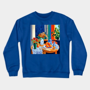 Still Life Painting with Fruit and Flowers in Vase Crewneck Sweatshirt